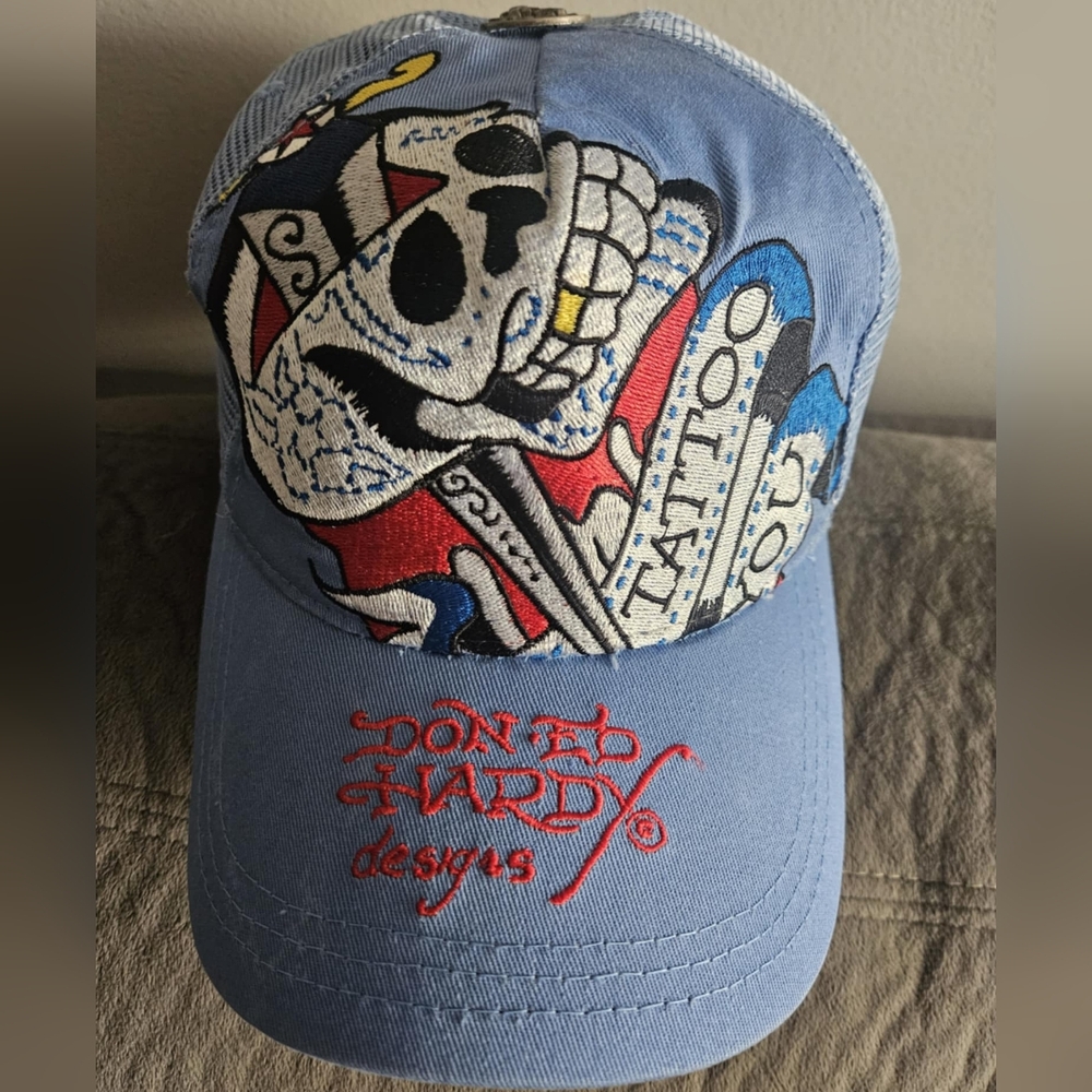 Ed Hardy Skull Tattoo You Blue Baseball Cap - Picture 1 of 7
